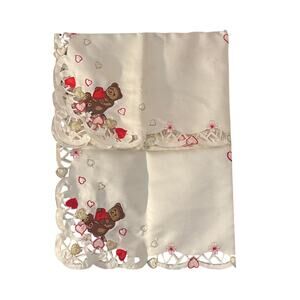 Vintage Embroidered Tablecloth Teddy Bears & Red Gold Hearts Valentine 33”x33”